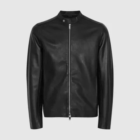 NWT Reiss Keith Cafe Racer Jacket Black Calf Leather Slim Fit Full Zip Sz Small - Picture 2 of 10